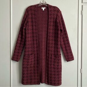 New NINE WEST Burgundy Maroon Houndstooth Cozy Long Cardigan Sweater S